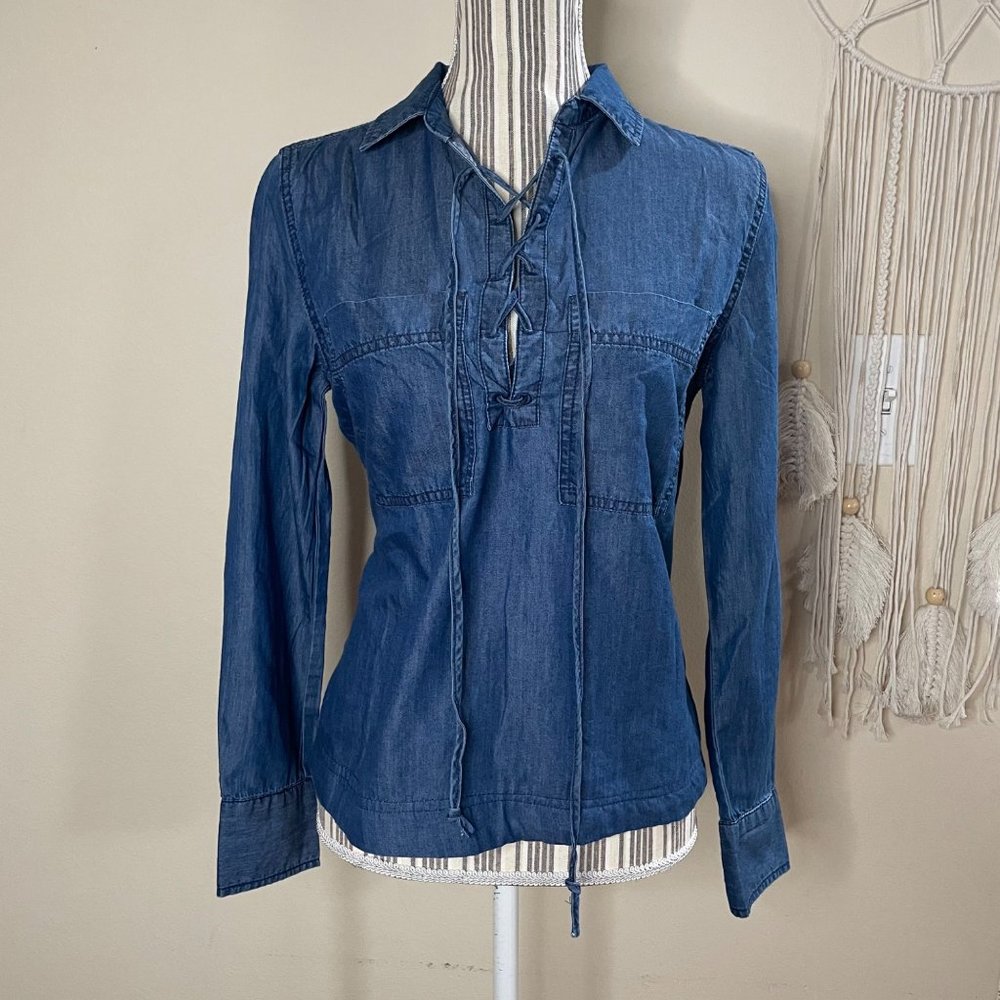 New Romeo & Juliet Couture Soft Denim Tie Up Hi Low Shirt Blouse Blue Size Small